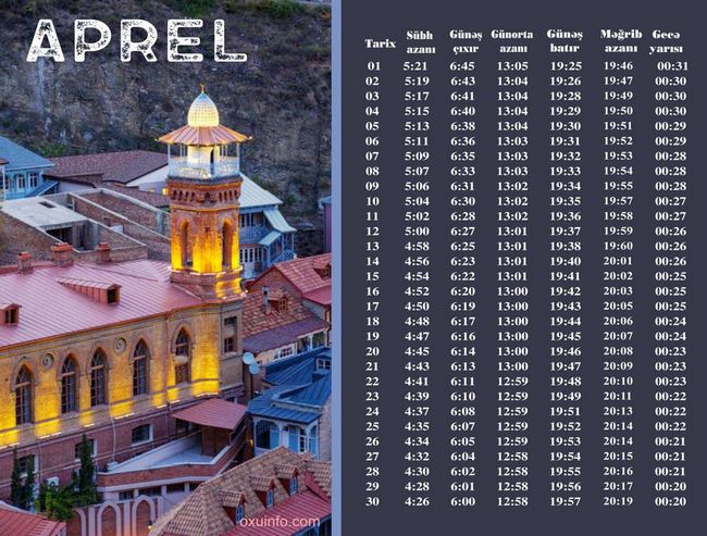 Gürcüstan üfüqi ilə Aprel ayının azan vaxtları