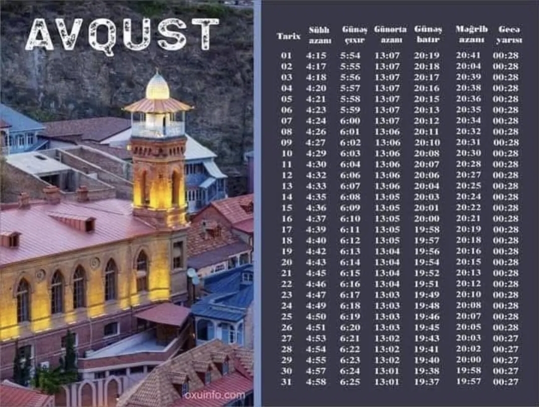 Gürcüstan üfüqi ilə Avqust ayının azan vaxtları